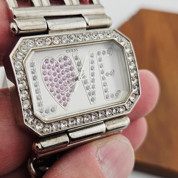 Y2K Guess Rhinestone Love Bling Watch Silver Tone Chain Link Wide Bracelet Band - Picture 3 of 8
